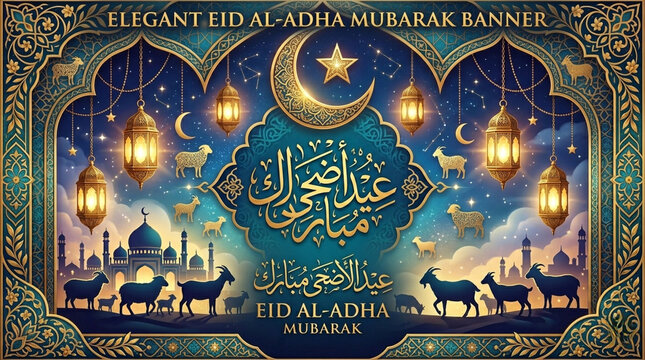 Elegant Eid al-Adha Mubarak banner with Islamic calligraphy crescent moons lanterns and sheep silhouettes celebrating the Festival of Sacrifice

