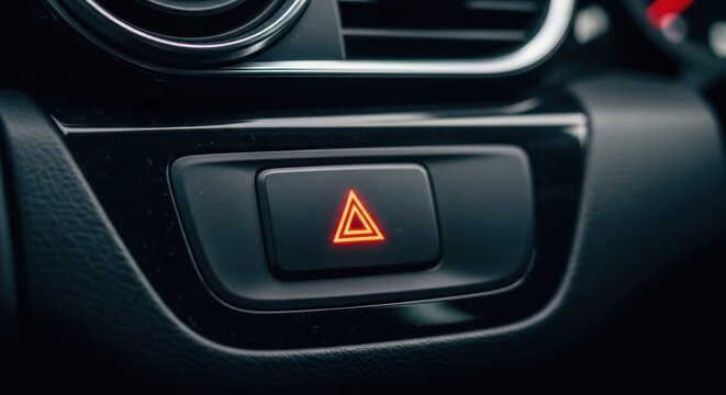 Close-up of a glowing red hazard light button on a car dashboard.