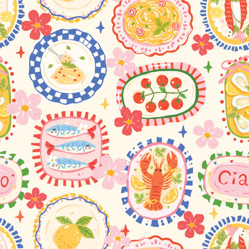 Italian Food Seamless Pattern Mediterranean Cuisine Pasta Seafood Plates Lemon Floral Summer Table Illustration