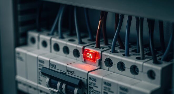 Close-up of electrical circuit breaker panel with red ON indicator light illuminated.