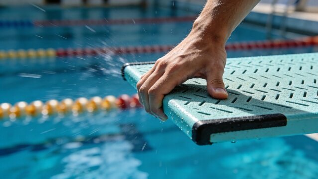 Hand on diving board at pool