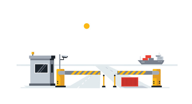 A shipping port security gatehouse with a lowered barrier arm and a cargo ship in the background is depicted in a clean flat vector illustration style.