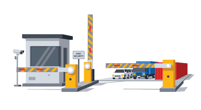 A flat vector illustration depicts a port security checkpoint with a guard booth, a raised barrier gate, and vehicles entering an industrial shipping area.
