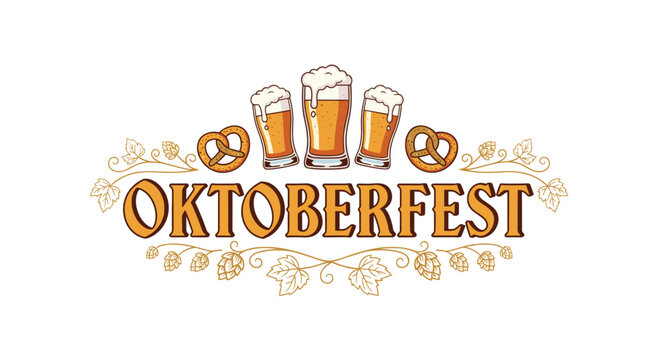 A festive Oktoberfest logo design featuring three frothy beer mugs flanked by pretzels and decorative hop vine illustrations on a clean white background.