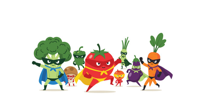 A group of anthropomorphic vegetables dressed as superheroes with masks and capes poses together in a dynamic formation against a clean white background in flat style.