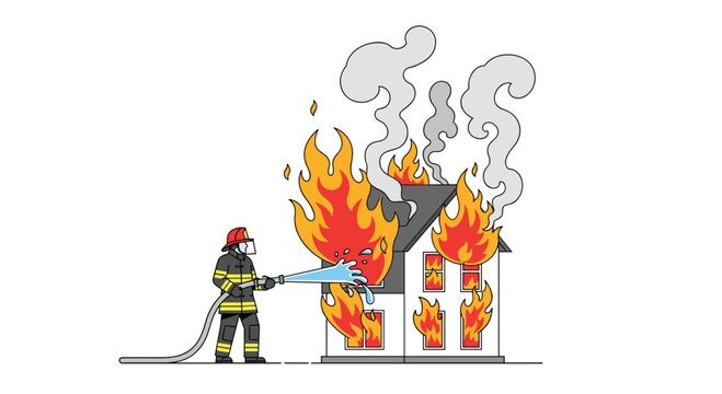 A firefighter in full gear sprays water from a hose at a two-story house engulfed in bright orange and yellow flames on a white background.