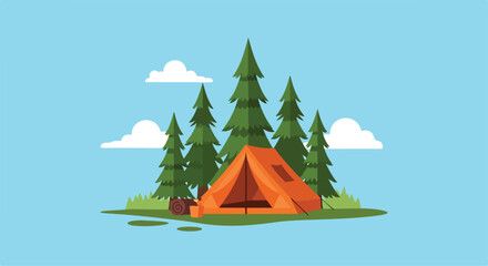 A serene campsite with a tent and trees by a small body of water © mutia