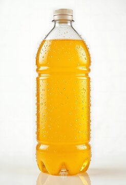 Transparent plastic bottle of fresh orange juice on white background, close-up minimalist product shot. 2 liter soda