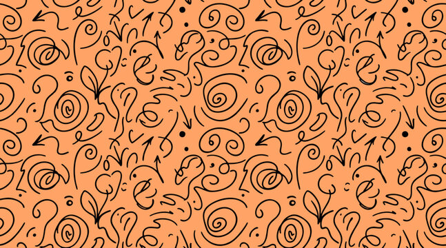Playful hand-drawn vector illustration with an abstract seamless pattern of organic squiggles, swirling spirals, directional arrows, and dots on a warm peach background.