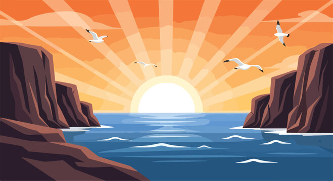 A serene sunrise over water between cliffs with seagulls