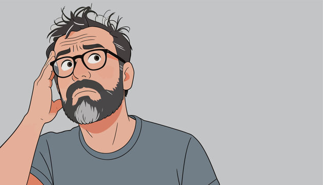 Confused Man with Beard and Glasses Illustration