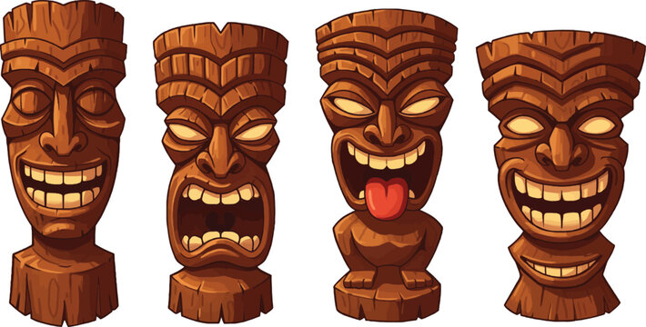 Four carved wooden tiki masks with various facial expressions including smiling and shouting with glowing eyes isolated on a white background