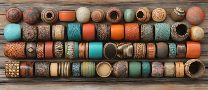 Colorful wooden beaded bracelets displayed on rustic wooden surface