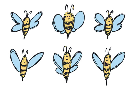 Set of hand drawn happy funny cute honey bee clipart Adorable flying striped insect friendly kawaii bumble bee For kids print, web, design, decor, logo