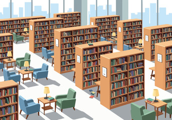 A large library with rows of bookshelves and reading areas © Mulyadi
