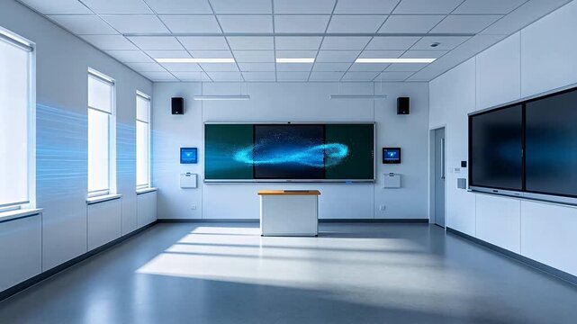 Modern classroom interior with white walls large electronic whiteboard and blue light effect