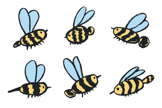 Set of hand drawn happy funny cute honey bee clipart Adorable flying striped insect friendly kawaii bumble bee For kids print, web, design, decor, logo