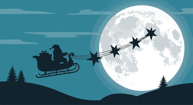 A large moonlit scene of Santa in his sleigh