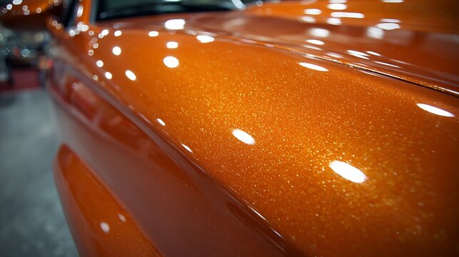 Close up of a vibrant metallic orange car paint finish.