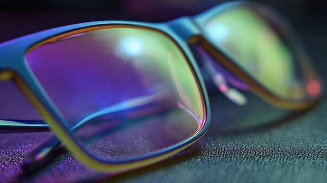 Modern blue light blocking glasses with vibrant lens reflections.