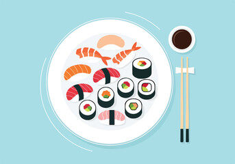 A plate of sushi and chopsticks on a blue background © Murtiani