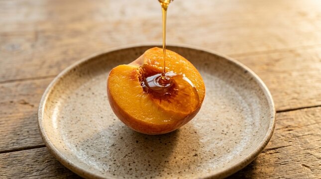 Persik (Prunus persica) segar dibelah dua di atas piring dengan kucuran madu atau sirup kental yang mengkilap dalam suasana cahaya hangat.