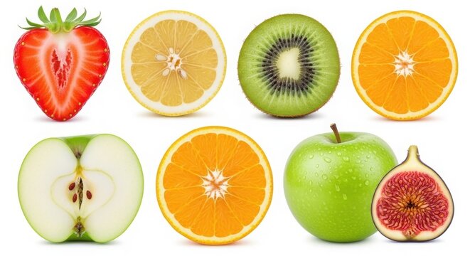 Fresh fruit collection with sliced strawberry, lemon, kiwi, orange, apple and fig, vibrant assortment of healthy organic summer fruits isolated on White Background