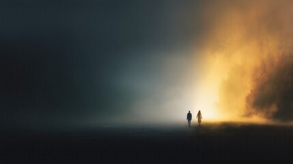 Obraz premium Silhouettes of a man and woman leaving a bright paradise into a dark wasteland