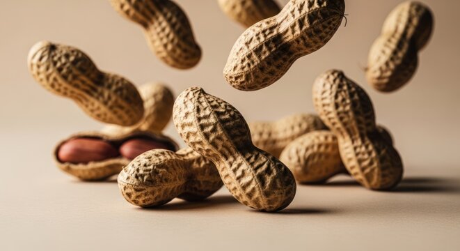 Peanuts in Shell Falling and Scattered on a Light Brown Background.