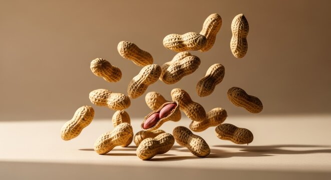 Peanuts in Mid-Air Against a Warm, Softly Lit Background.
