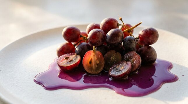 Anggur merah (Vitis vinifera) segar dalam kelompok dengan sari buah ungu yang meluap di atas piring putih menciptakan tampilan artistik.