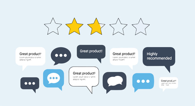 A graphic showing star ratings and customer review speech bubbles