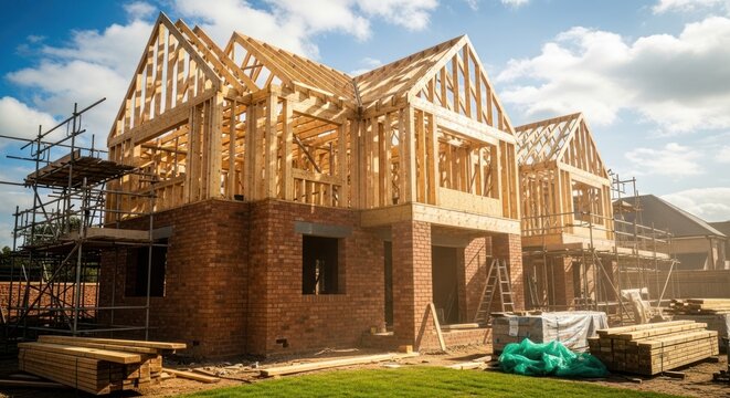 New House Construction Site with Wooden Frame and Brickwork Under Blue Sky.