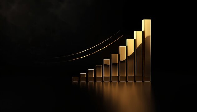Dark environment with abstract gold bar chart and subtle light streak, modern premium finance style