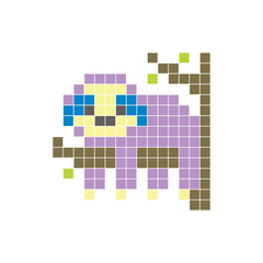 Fototapeta premium A flat pixel design made of geometric square color blocks on a clean icon layout. Pixel art sloth
