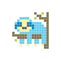 Fototapeta premium A flat pixel design made of geometric square color blocks on a clean icon layout. Pixel art sloth