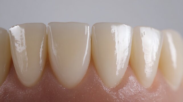 Close up view of human front teeth showing dental health and hygiene.