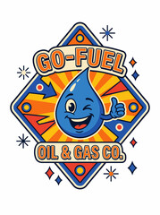 Fototapeta premium Retro cartoon pop art emblem illustrating a friendly blue droplet mascot giving a thumbs-up, symbolizing oil and gas industry energy