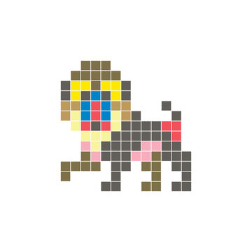 A flat pixel design made of geometric square color blocks on a clean icon layout. Pixel art baboon