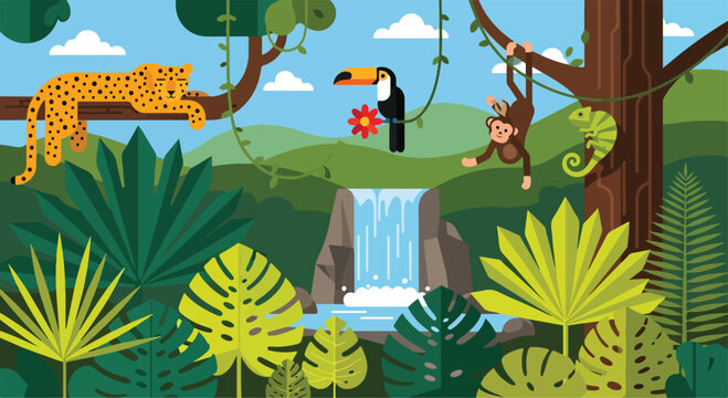 A vibrant jungle scene with a waterfall and exotic animals