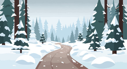 A serene winter landscape with a winding road through snowy forest © Nasati