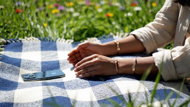 Hands resting on picnic blanket with smartphone in sunny grass