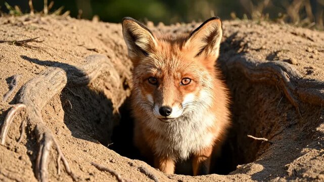 Close-up of a red fox (Vulpes vulpes) peeking out from the entrance of an underground burrow in sandy soil, showing detailed orange fur and white markings on the muzzle in natural light.
