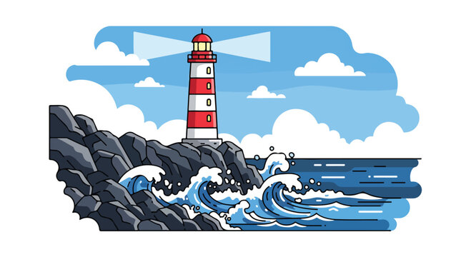A lighthouse on a rocky coastline with waves
