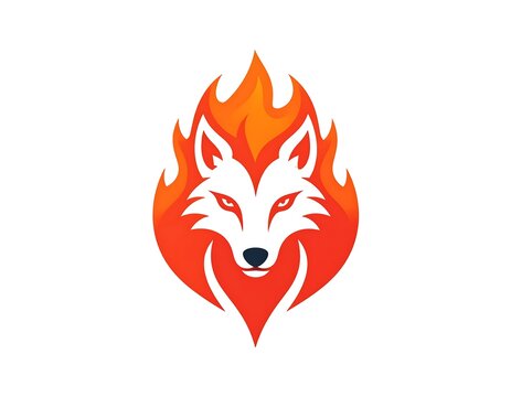 Stylized orange fox head surrounded by vibrant stylized flames on a white background
