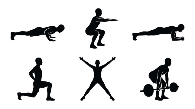 Dynamic fitness exercises for strength training gym illustrations energetic environment side view health concepts
