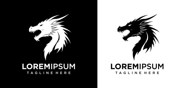 Illustrations of two wolf heads in black and white on contrasting backgrounds