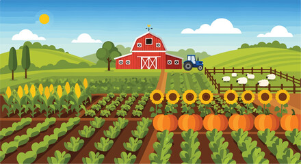 A serene farm scene with a red barn and green fields © mutia