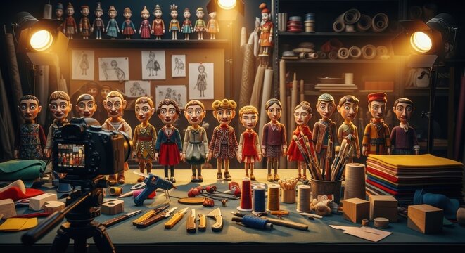 A captivating collection of meticulously crafted vintage puppets and artisan tools displayed in a detailed workshop setting, evoking a sense of timeless creativity and skilled craftsmanship.