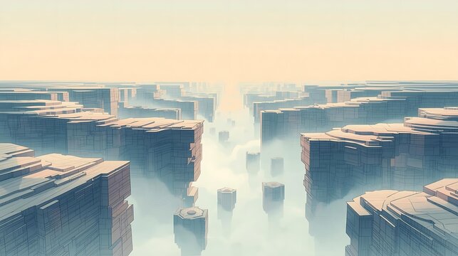 Boundless Perspective New Dimension Futuristic Landscape with Geometric Shapes and Misty Depths in Surreal Canyon Environment